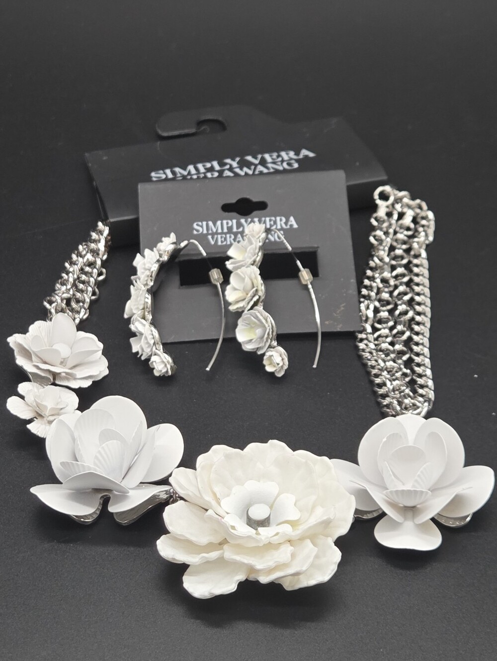 Simply Vera Vera Wang Ivory and Silver Floral Necklace with Matching Earrings